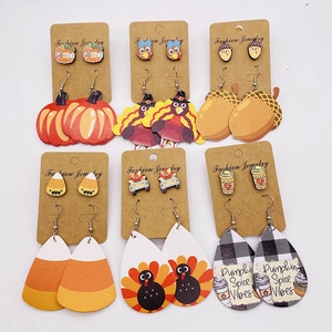 Thanksgiving Earring Set Faux Leather Turkey Pumpkin Pinecone Coffee Cup Stud Drop Earrings Festival Jewelry For Women