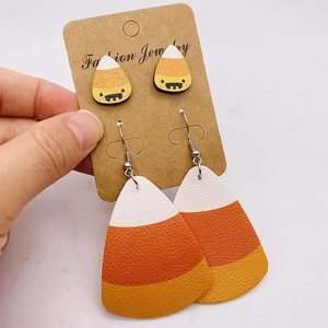 Thanksgiving earring set with leather teardrop drops and cute corn grain wood studs
