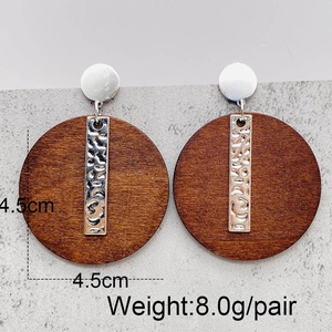 Bohemian large round wooden drop earrings with silver metal bar and 4.5cm diameter