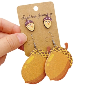 Acorn and pinecone leather earring set for Thanksgiving in warm orange and brown tones
