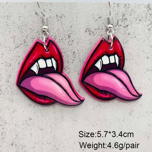 Punk style Halloween acrylic earrings featuring big red lips with teeth and tongue design