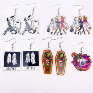 Quirky Halloween acrylic drop earrings featuring ghosts pumpkins and skeletons