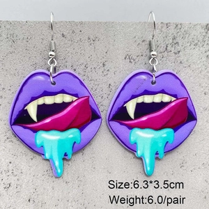Halloween acrylic earrings featuring purple vampire lips and blue liquid drop design