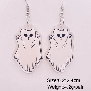 Pendientes de Halloween en acrílico con gatos fantasma blancos y ganchos de plata