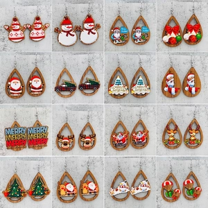 Pendientes Colgantes de Madera de Navidad Papá Noel Reno Muñeco de Nieve Patrón Joyería Festiva para Mujer Regalo