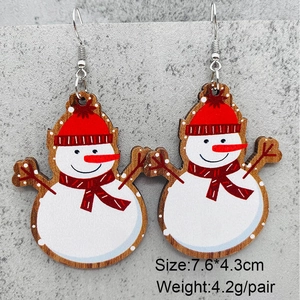 Pendientes festivos de muñeco de nieve en madera con gorros rojos para regalos de Navidad