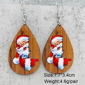 Pendientes festivos de Navidad de madera en forma de gota con patrón de Papá Noel