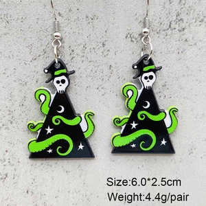 Detailed view of Halloween acrylic drop earrings with skull and green tentacles