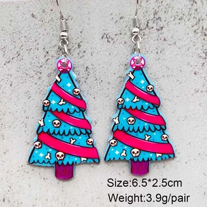 Gothic acrylic Christmas tree earrings with skull patterns and pink stars for festive jewelry