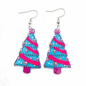 Creepy cute Christmas tree acrylic earrings with pink skulls and light blue bones