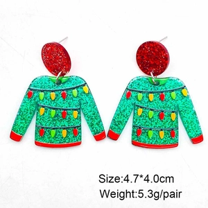 Weihnachtliche Ugly-Sweater-Ohrringe aus Acryl in Rot und Grün mit festlichem Glitzer-Design