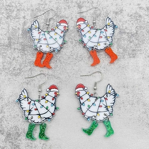 Boucles d'Oreilles Drôles Coq en Acrylique de Noël Boucles d'Oreilles Pendantes Poulet Bonnet de Noël Guirlande Cadeau Femme