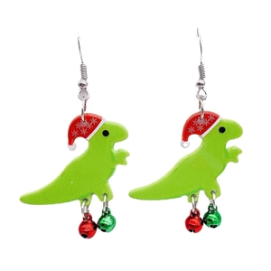 Boucles d'oreilles dinosaures de Noël avec bonnets de Père Noël et clochettes