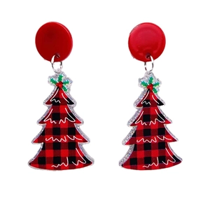 Orecchini ad albero di Natale con motivo a quadri rosso e nero e pendenti in acrilico