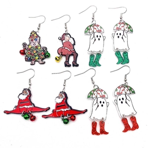 Christmas Funny Acrylic Dangle Earrings For Women Cute Cartoon Cat Santa Claus Ghost With Bells Quirky Holiday Party Jewelry