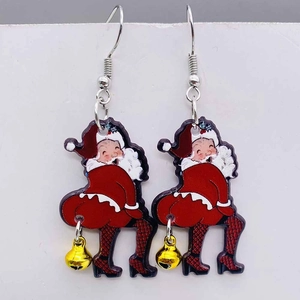 Funny Christmas earrings featuring twerking Santa with acrylic charms and gold bell drops