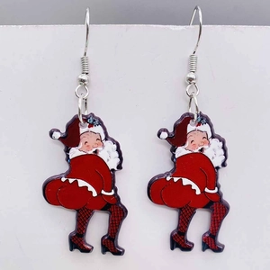 Detail view of funny Santa Claus acrylic dangle earrings in a humorous dancing pose