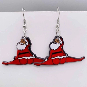 Detailed view of funny split-legged Santa Claus acrylic earrings with silver hooks
