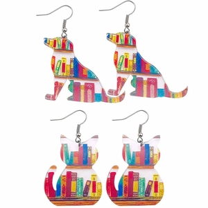 Kreative Acryl Ohrhänger Mit Katzen Und Hunde Silhouetten Bücherregal Muster Für Buchliebhaber Lehrertag Literarischer Schmuck
