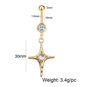 Golden stainless steel belly ring with bowknot and star pendant with purple gemstone