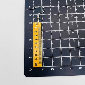 Detail showing acrylic ruler pendant earring with numerical scale and silver metal hook