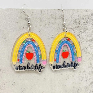 Acrylic teacher earrings with pencil rainbow design and teacher life quote for gift