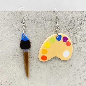 Asymmetric acrylic paintbrush and colorful palette earrings for teachers