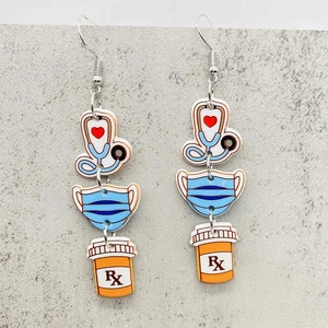 Medical themed acrylic earrings with stethoscope, face mask and medicine bottle charms