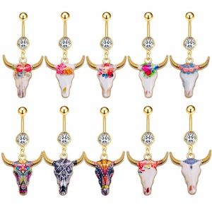 Piercing de Nombril Bohémien en Acier Inoxydable avec Tête de Taureau et Strass Émail Floral Pendentif Crâne de Taureau Bijoux pour Femmes