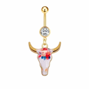 Piercing de nombril en acier doré avec pendentif tête de taureau fleuri et zircon