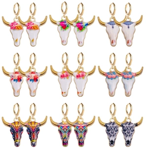 Pendientes Colgantes Bohemios Vintage Cabeza de Toro para Mujer Estilo Vaquero del Oeste Acrílico Aleación Estampado Floral