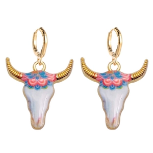 Pendientes étnicos retro con colgante de cabeza de toro y esmalte de estilo vaquero