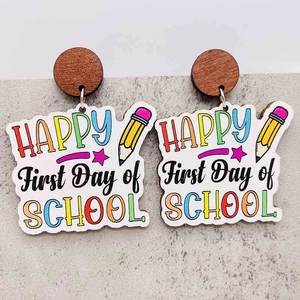 Wood school theme earrings with Happy First Day of School print and pencil graphics