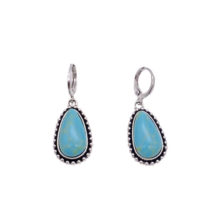 Retro turquoise teardrop earrings with silver-toned metal beads and leverback hooks