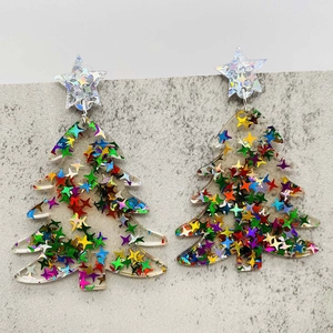 Sparkly Christmas tree acrylic earrings with colorful star sequins and hook ear wire