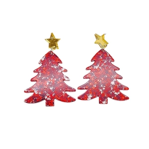Sparkly red acrylic Christmas tree earrings with glitter stars and gold star topper