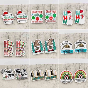 Weihnachten Holz Ohrhänger Für Damen Leopardenmuster Weihnachtsmütze Schneemann Gnom HO HO HO Buchstaben Druck Feiertag Party Schmuck