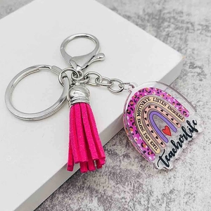 Teacherlife acrylic keychain with leopard pencil rainbow pattern and pink suede tassel charm
