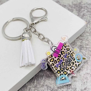 Detail of teacher appreciation keychain with leopard print acrylic and white tassel