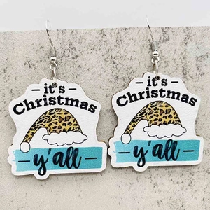 Weihnachts-Ohrringe aus Holz mit Leoparden-Weihnachtsmütze und festlichem Schriftzug