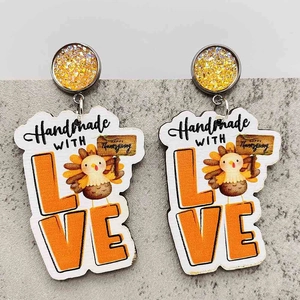 Pendientes de Acción de Gracias hechos a mano con purpurina dorada y diseño LOVE