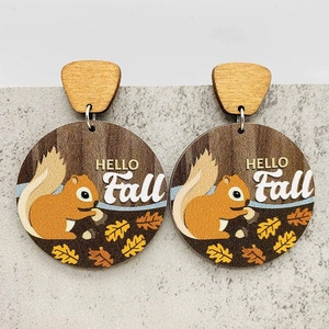 Pendientes de madera con estampado de ardilla Hello Fall y hojas de otoño para mujeres