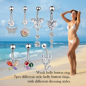 7pcs stainless steel belly button ring set with heart and butterfly charms