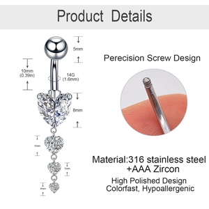 Detailed view of silver heart navel ring with 316L stainless steel and AAA zircon