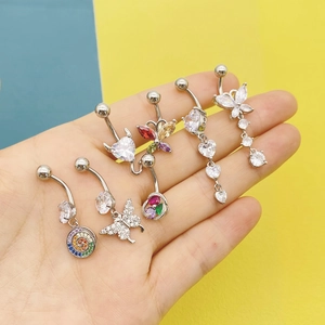 Set of 6 stainless steel belly rings with butterfly and heart zircon dangles for women