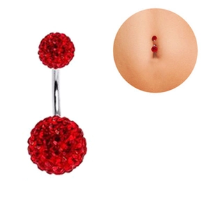 Detailed view of red crystal Shamballa belly ring with silver curved bar on skin