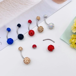 Polished stainless steel belly button ring set with colorful sparkling crystal pavé balls