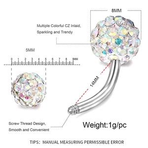 Colorful CZ crystal Shamballa belly ring with 316L stainless steel curved barbell bar