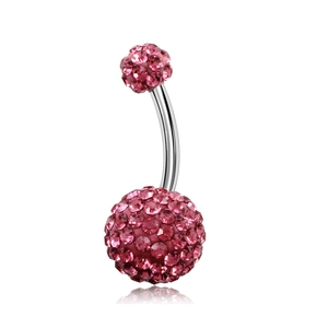 Detailed view of pink crystal Shamballa belly button ring with polished steel bar