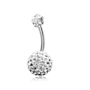 Close-up of silver stainless steel belly ring with clear cubic zirconia pavé setting